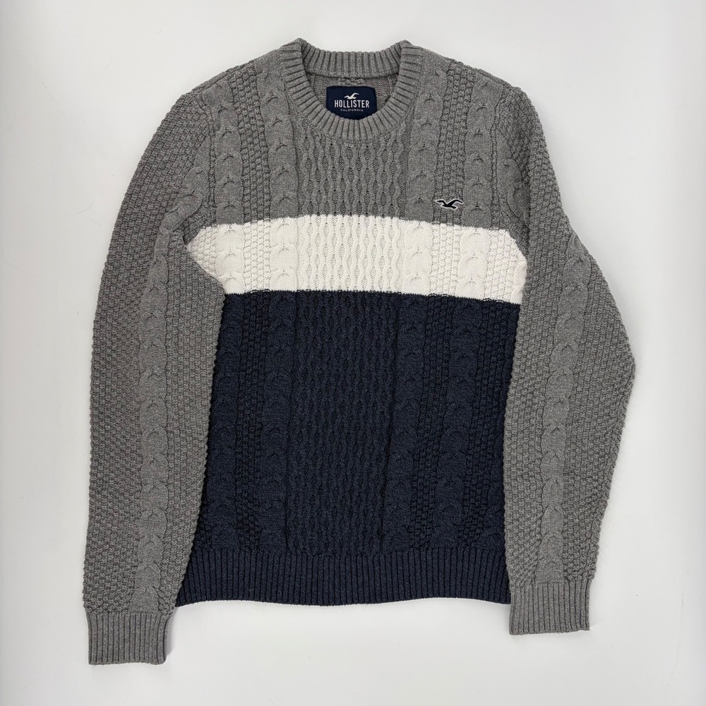 Hollister Sweater Cable Knit Colorblock Grey White Navy Preppy Small Cozy Comfy - Picture 2 of 8